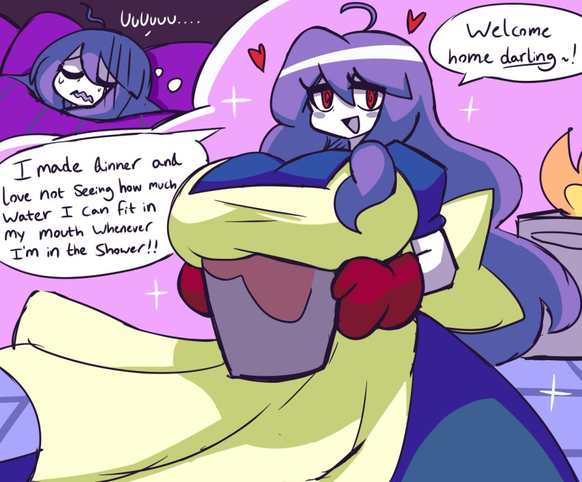 apron big_breasts gensin huge_breasts humor monty_(gensin) purple_hair red_eyes speech_bubble tagme wife