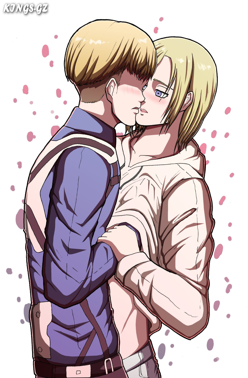 annie_leonhardt armin_arlert attack_on_titan blonde_hair blue_eyes kings-gz kissing medium_hair shingeki_no_kyojin