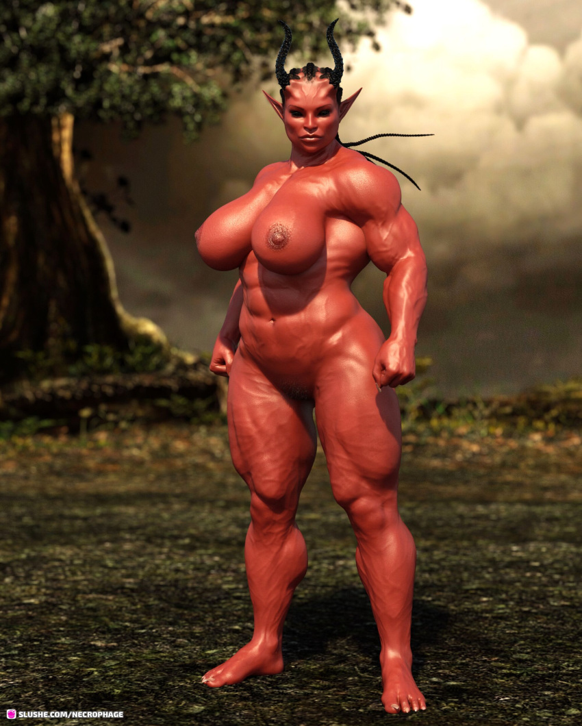 1girls 3d abs demon demon_girl depth_of_field elf_ears extreme_muscles female female_only horn huge_breasts looking_at_viewer muscular muscular_female necrophage nude nude_female outdoor outdoor_nudity outdoors outside pinup pointy_ears red_body red_skin slushe_(website) solo solo_female standing veiny veiny_arms veiny_legs veiny_muscles