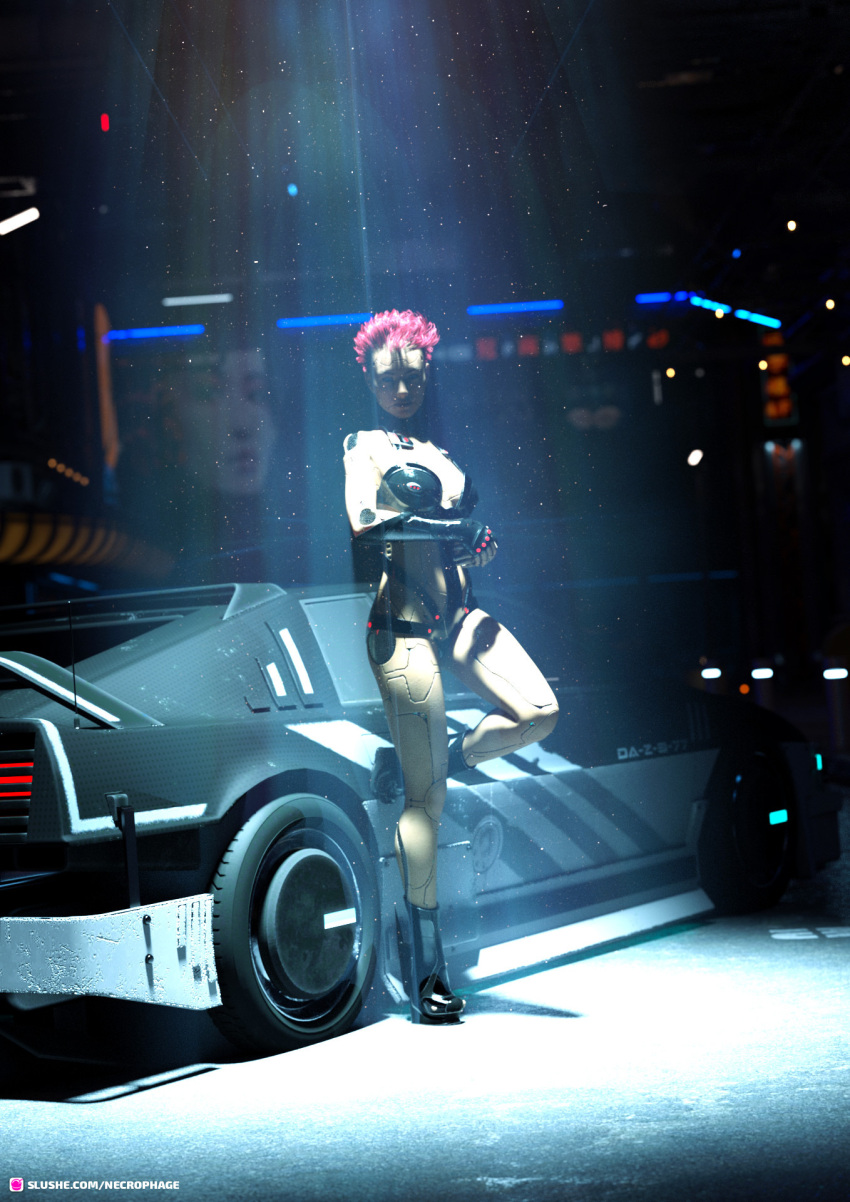 1girls 2girls 3d bra car city_background cyberpunk depth_of_field elbow_gloves female female_focus female_only fingerless_gloves high_heels looking_at_viewer necrophage night panties pink_hair pinup reflection robot robot_girl robot_joints sci-fi science_fiction short_hair slushe_(website) solo solo_female solo_focus straps