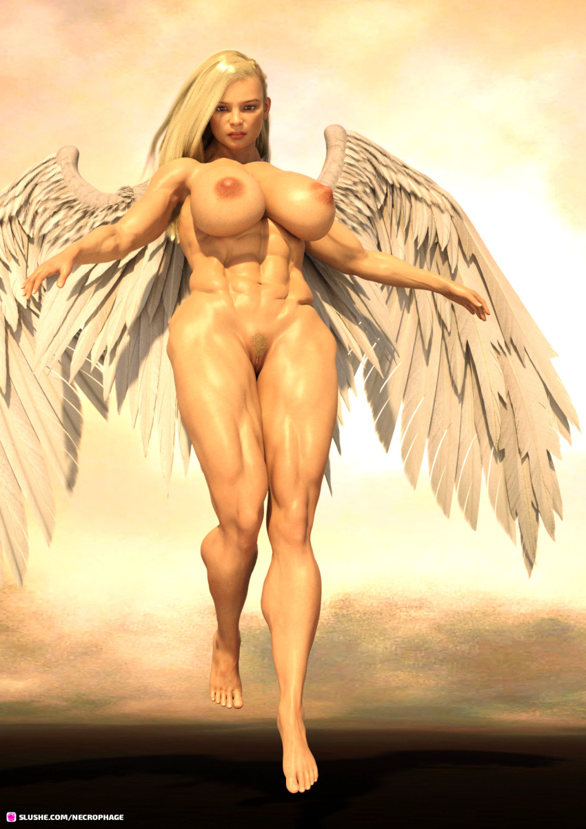 1girls 3d abs alternate_version_available angel blonde_hair blonde_pubic_hair extreme_muscles female female_only huge_breasts long_hair looking_at_viewer midair muscular muscular_female necrophage nude nude_female pinup pubic_hair slushe_(website) solo solo_female viewed_from_below wings