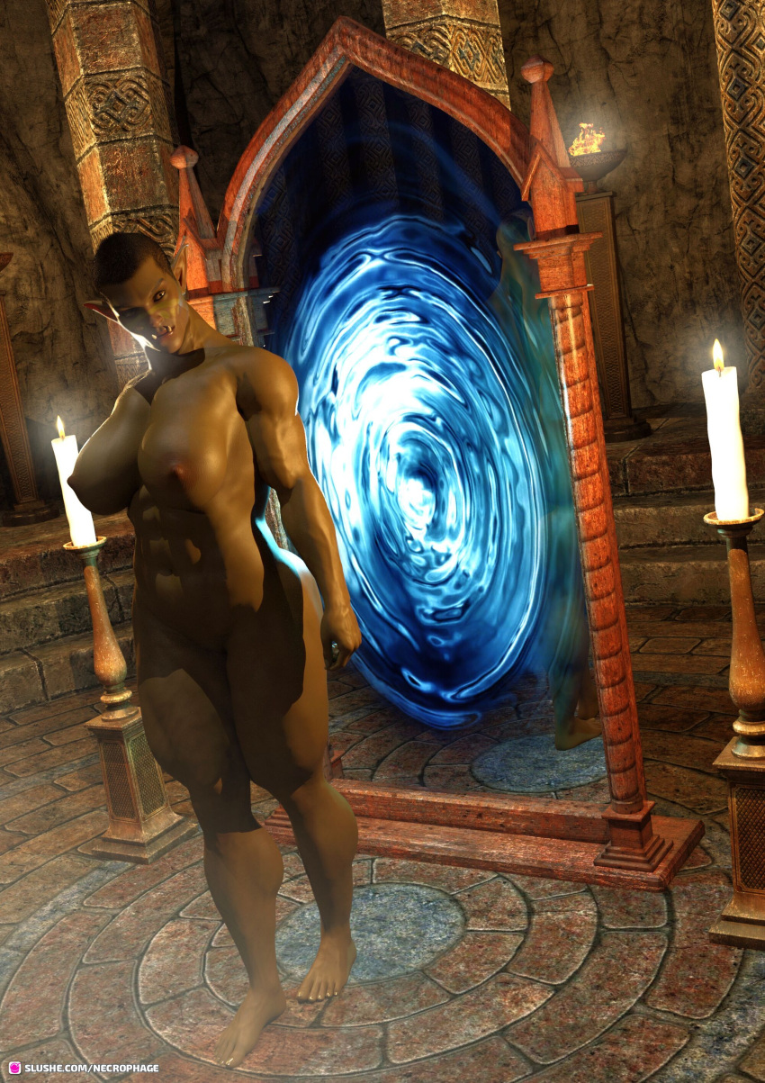 1girls 3d abs black_hair brown_body brown_skin butch candle candles dark-skinned_female dark_skin elf_ears female female_only huge_breasts indoors magic muscular muscular_female necrophage orc orc_female pinup pointy_ears short_hair slushe_(website) solo solo_female standing tusks veiny veiny_arms veiny_muscles