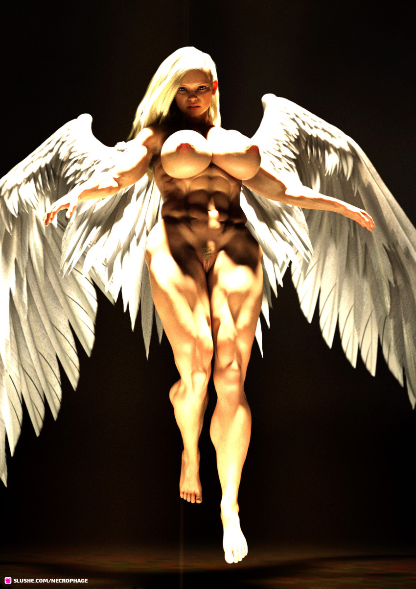 1girls 3d abs alternate_version_available angel blonde_hair blonde_pubic_hair extreme_muscles female female_only film_grain huge_breasts long_hair looking_at_viewer midair muscular muscular_female necrophage nude nude_female pinup pubic_hair slushe_(website) solo solo_female viewed_from_below wings