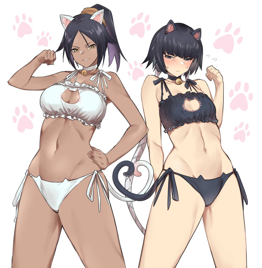 2girls animal_ears animal_print arm_behind_back arm_up bangs bell black_bra black_hair black_panties bleach blue_eyes blunt_bangs bra braid breasts brown_skin cat_cutout cat_ears cat_lingerie cat_panties cat_print cat_tail choker clothing_cutout dark-skinned_female dark_skin embarrassed female_only hair_tie hand_on_hip highres jingle_bell kuma_(jk0073) large_breasts light-skinned_female light_skin long_hair looking_at_viewer meme_attire multiple_girls navel neck_bell panties parted_bangs paw_pose paw_print ponytail print_panties purple_hair shihouin_yoruichi side-tie_panties small_breasts smile soifon standing tail teacher_and_student twin_braids twintails underwear white_background white_bra white_panties yellow_eyes