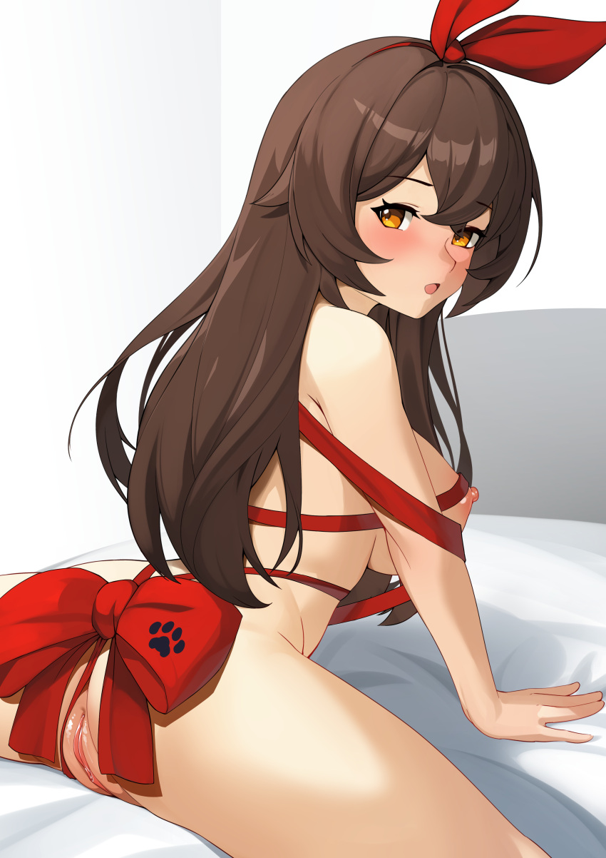 amber_(genshin_impact) blush breasts brown_hair ett genshin_impact looking_at_viewer looking_back naked_ribbon open_mouth pussy yellow_eyes