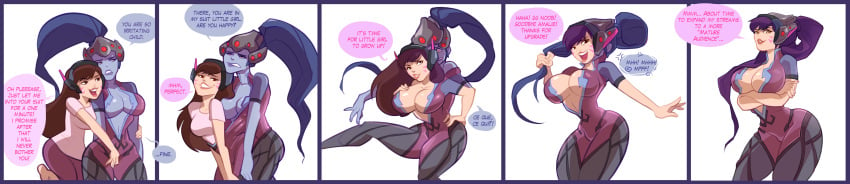 absorption age_progression asian asian_female blue_hair blue_skin breasts brown_eyes brown_hair clothing comic d.va english_text female fully_clothed fusion hugothetroll legs_together long_hair merging open_mouth overwatch sequence shared_clothes shirt smile wide_hips widowmaker yellow_eyes