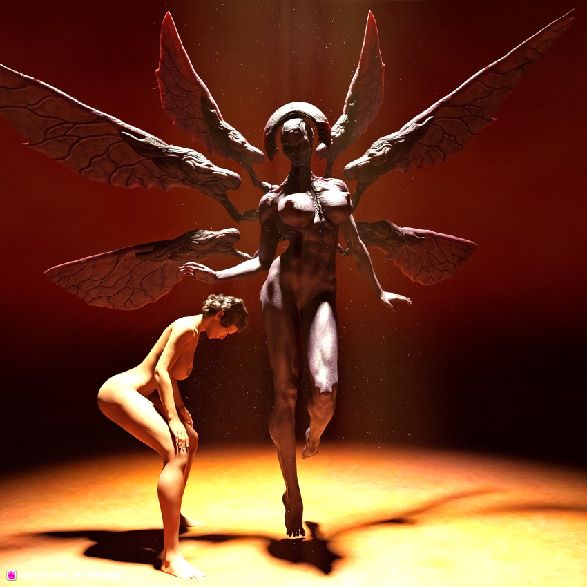 2girls 3d 6_wings abs azza brown_hair demon demon_girl fallen_angel female female_only front_view hollow_eyes large_breasts levitation midair monster monster_girl multi_wing multiple_girls necrophage nude nude_female pinup short_hair side_view simple_background slushe_(website) wings