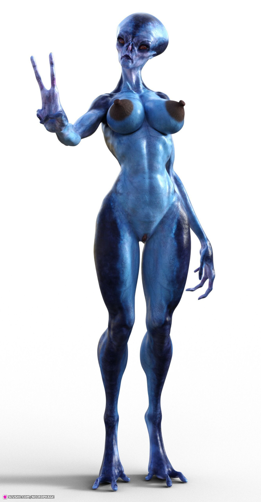 1girls 3d alien alien_girl bald blue_body blue_skin female female_only huge_breasts narrow_waist necrophage nude nude_female peace_sign pinup sci-fi science_fiction slushe_(website) solid_color_background solo solo_female standing white_background