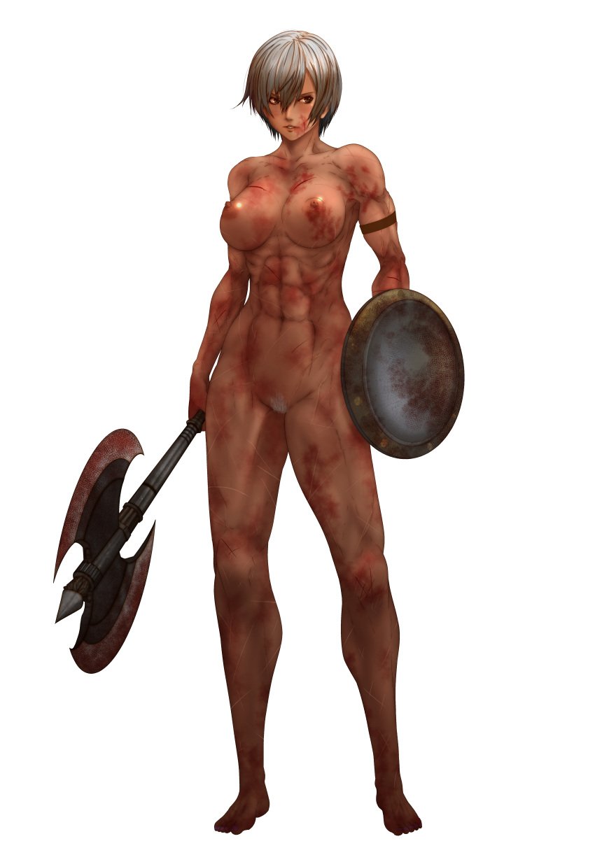 abs absurdres axe battle_axe blood breasts female highres kackey kaki_o7o7 medium_breasts muscular muscular_female nipples nude original pixiv pubic_hair solo transparent_background warrior weapon