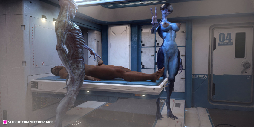 1girls 2boys 3d alien alien_girl bald blue_body blue_skin female huge_breasts larger_female larger_male male narrow_waist necrophage nude nude_female nude_male sci-fi science_fiction size_difference slushe_(website) smaller_male standing unconscious unconscious_male