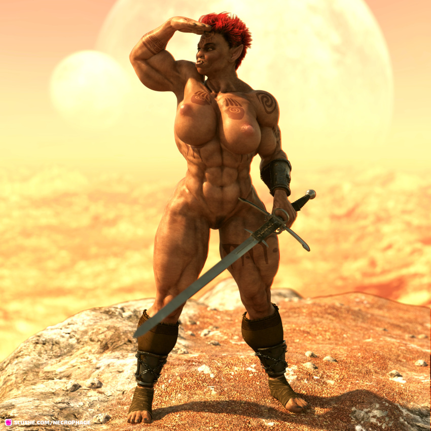 1girls 3d abs dark-skinned_female dark_skin elf_ears extreme_muscles fantasy female female_only holding_object holding_sword huge_breasts muscular muscular_female necrophage nude nude_female orc orc_female original outdoor outdoor_nudity outdoors outside pinup pointy_ears pubic_hair red_hair short_hair slushe_(website) solo solo_female standing sword tusks