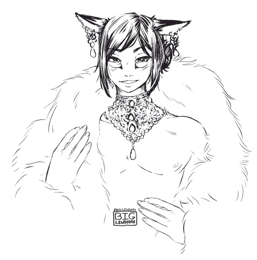 1boy artist_signature biglewdnai black_and_white black_hair cat_ears catboy dark-skinned_femboy dark-skinned_male dark_skin earrings exposed_chest femboy final_fantasy final_fantasy_xiv fur fur_coat looking_at_viewer male male_only miqo'te monochrome necklace nipples pearls smile white_background