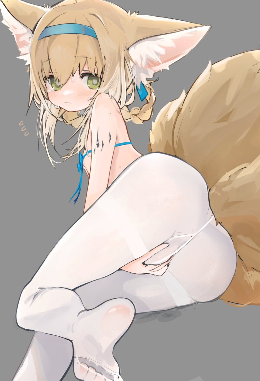 animal_ear_fluff animal_ears arknights ass bangs bare_shoulders blue_hairband blue_ribbon blush braid closed_mouth covering covering_crotch crying crying_with_eyes_open embarrassed eyebrows_visible_through_hair feet female flat_chest fox_ears fox_girl green_eyes grey_background gusset hair_rings hairband highres mikozin multiple_tails no_shoes oripathy_lesion_(arknights) pantyhose ribbon simple_background soles solo suzuran_(arknights) tail tears thighband_pantyhose white_legwear