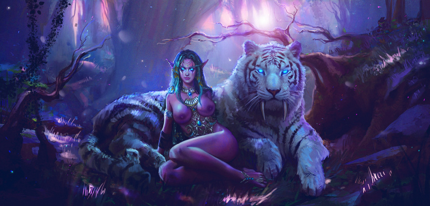 alliance_(warcraft) barefoot blue_hair breasts elf_ears elf_female exhibitionism exposed_breasts feet female female_only j-likes-to-draw jewelry markings night_elf night_elf_priest nightsaber ornament outside pointy_ears priest_(warcraft) purple_skin tiger tyrande_whisperwind warcraft world_of_warcraft