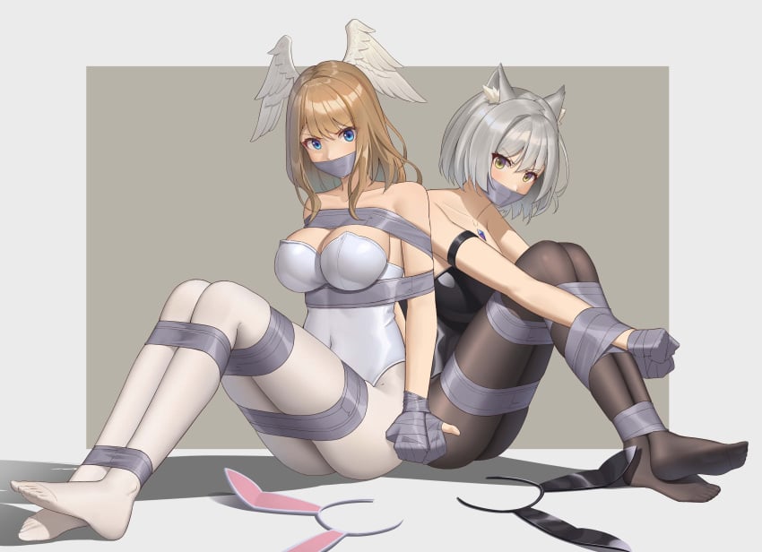 2girls absurd_res arms_behind_back arms_bound arms_bound_to_legs black_legwear black_leotard black_pantyhose blue_eyes bondage bound bound_together breasts brown_hair bunny_ears bunnysuit cat_ears catgirl cleavage core_crystal eunie_(xenoblade) female female_only femsub gag gagged head_wings highres large_breasts latex legwear leotard light-skinned_female light_skin long_hair medium_breasts mio_(xenoblade) monolith_soft nintendo pale-skinned_female pale_skin pantyhose short_hair silver_hair submissive submissive_female tape tape_bondage tape_gag taped_mouth thick_thighs thighs white_legwear white_leotard white_pantyhose wings wo_cao_xiao xenoblade_(series) xenoblade_chronicles_3 yellow_eyes