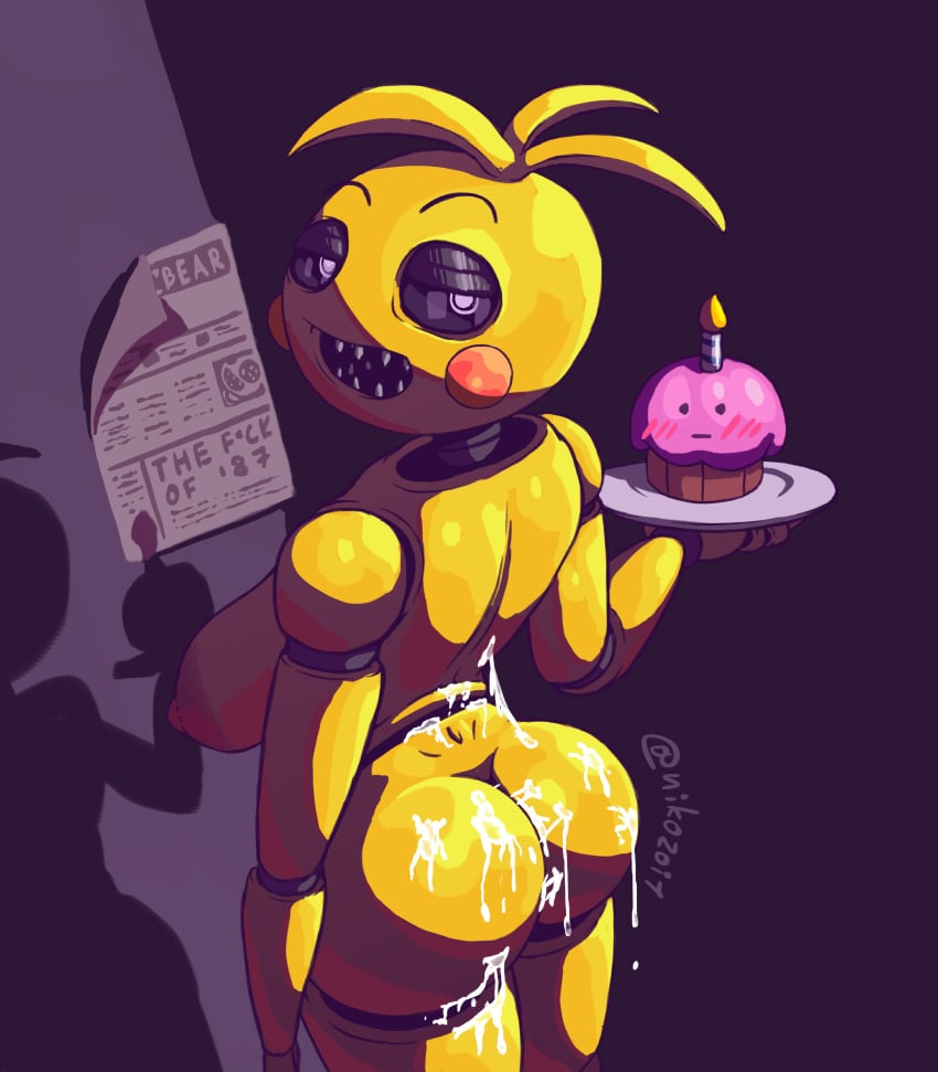 after_orgasm animal_humanoid animatronic apron_removed ass bedroom_eyes big_areola big_ass big_breasts big_butt big_nipples bottomless breasts bubble_butt butt_crack cum cum_on_ass cum_on_body cum_on_lower_body cupcake_(fnaf) dark_background erect_nipples female female_only five_nights_at_freddy's five_nights_at_freddy's_2 holding_object huge_areola huge_nipples large_breasts looking_at_viewer nikozoi no_panties panties_removed presenting presenting_hindquarters red_cheeks robot robot_girl robot_humanoid robot_joints robotic_arm sideboob smile smiling smiling_at_viewer solo thin_eyebrows topless toy_chica_(fnaf) white_eyes yellow_body