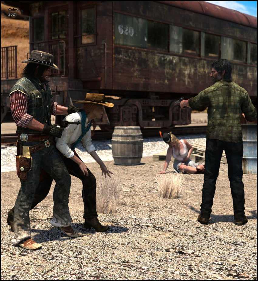 2boys 2girls 3d clothed clothing colmarq fanart female femsub group group_sex gun gunpoint hat joel_miller john_marston karen_jones large_breasts male maledom multiple_boys multiple_girls multiple_subs orgy outdoor outdoors outside rape red_dead_redemption red_dead_redemption_(series) sadie_adler slushe_(website) small_breasts straight the_last_of_us