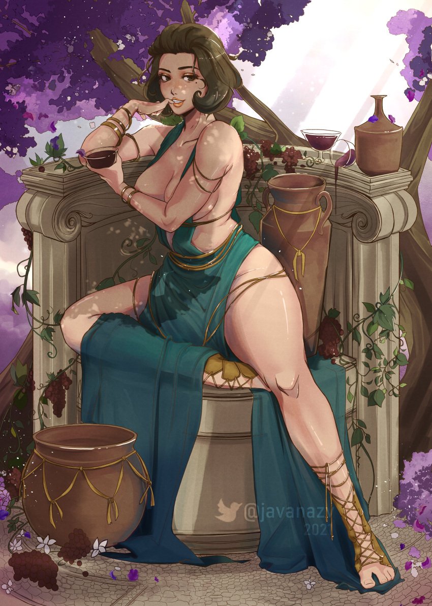 1girls absurdres alcohol alternate_costume architecture bangle bare_legs beauty_mark biting_finger blue_dress bracelet breasts breasts_out brown_eyes brown_hair cleavage cup dress drinking_glass eyeshadow female_only finger_in_mouth finger_to_mouth fire_emblem fire_emblem:_three_houses flower glass gown grape_vine grapes greco-roman_architecture grin halter_dress highres javanazv jewelry large_breasts lipstick makeup manuela_casagranda maxi_dress mole mole_under_eye nintendo nipple nipple_slip nipples orange_eyeshadow orange_lips orange_lipstick pelvic_curtain pottery purple_flower roman_sandals sandals side_slit smile solo thick_thighs thighs underboob vase wine wine_glass