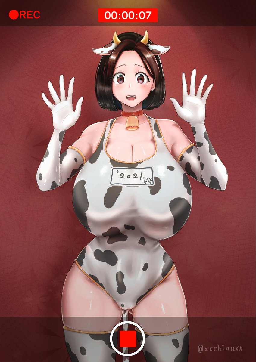 big_breasts brown_eyes brown_hair cow_ears cow_horns cow_print cow_print_armwear cow_print_thighhighs cow_tail cowbell hands_up huge_breasts looking_at_camera looking_at_viewer massive_breasts milf open_mouth recording short_hair simple_background thick_thighs thighhighs thighs xxchinuxx