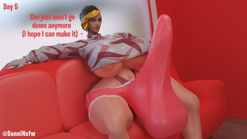 1futa 3d areola blonde_hair bulge clothed clothing cock_sleeve_(clothes) dialogue erection futa_only futanari futasunstrider huge_breasts huge_cock no_nut_november self_upload short_hair solo sunninsfw sunny_(sunninsfw)