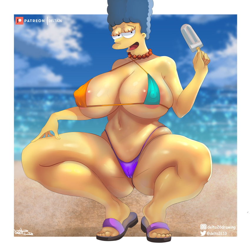 1girls ass big_ass bikini blue_hair breasts cameltoe delta26 erect_nipples_under_clothes female female_only huge_ass ice_cream marge_simpson micro_bikini milf popsicle solo spread_legs squatting the_simpsons yellow_skin