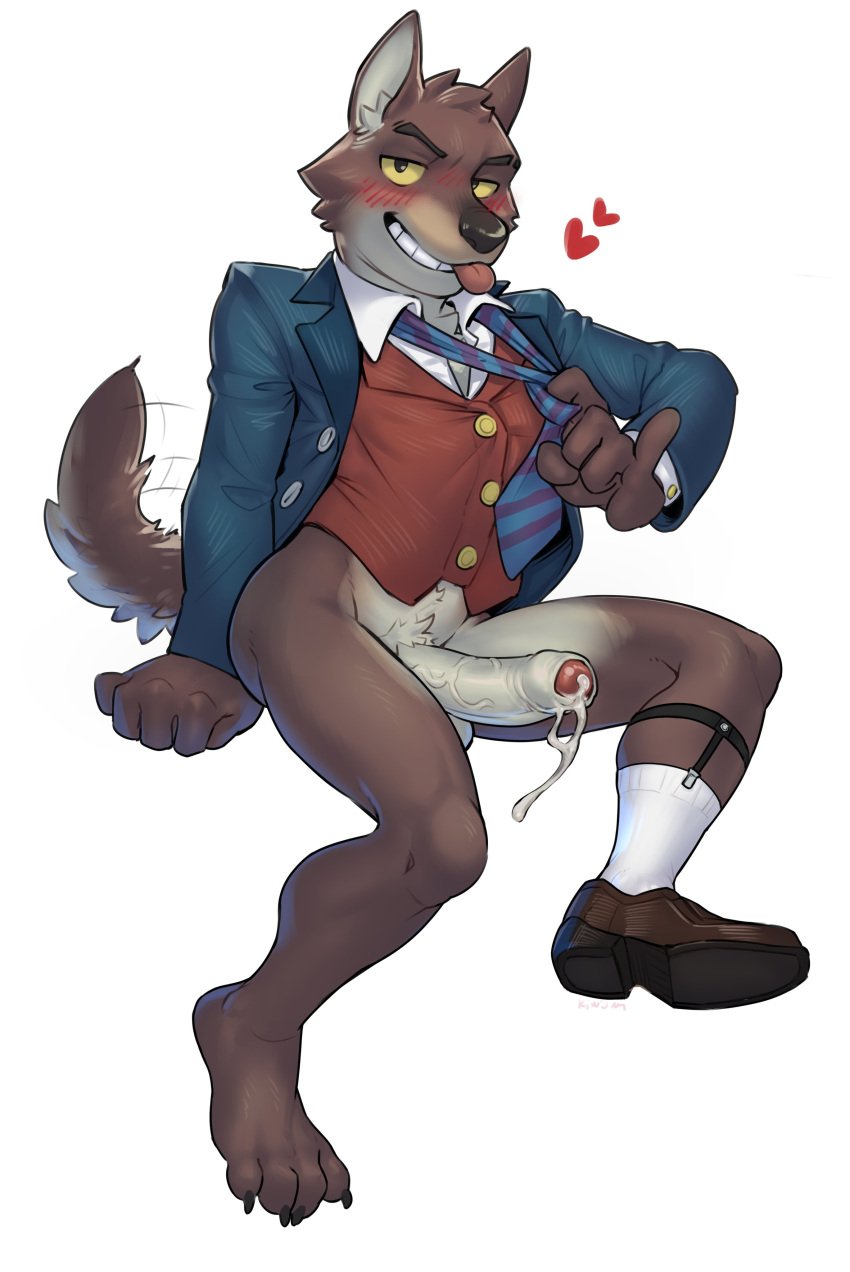 absurd_res anthro blush bottomless canid canine canis clothed clothing dreamworks foreskin genitals heart hi_res humanoid_genitalia humanoid_penis kiwi_hugh male male_only mammal mr._wolf_(the_bad_guys) necktie penis simple_background solo the_bad_guys white_background wolf