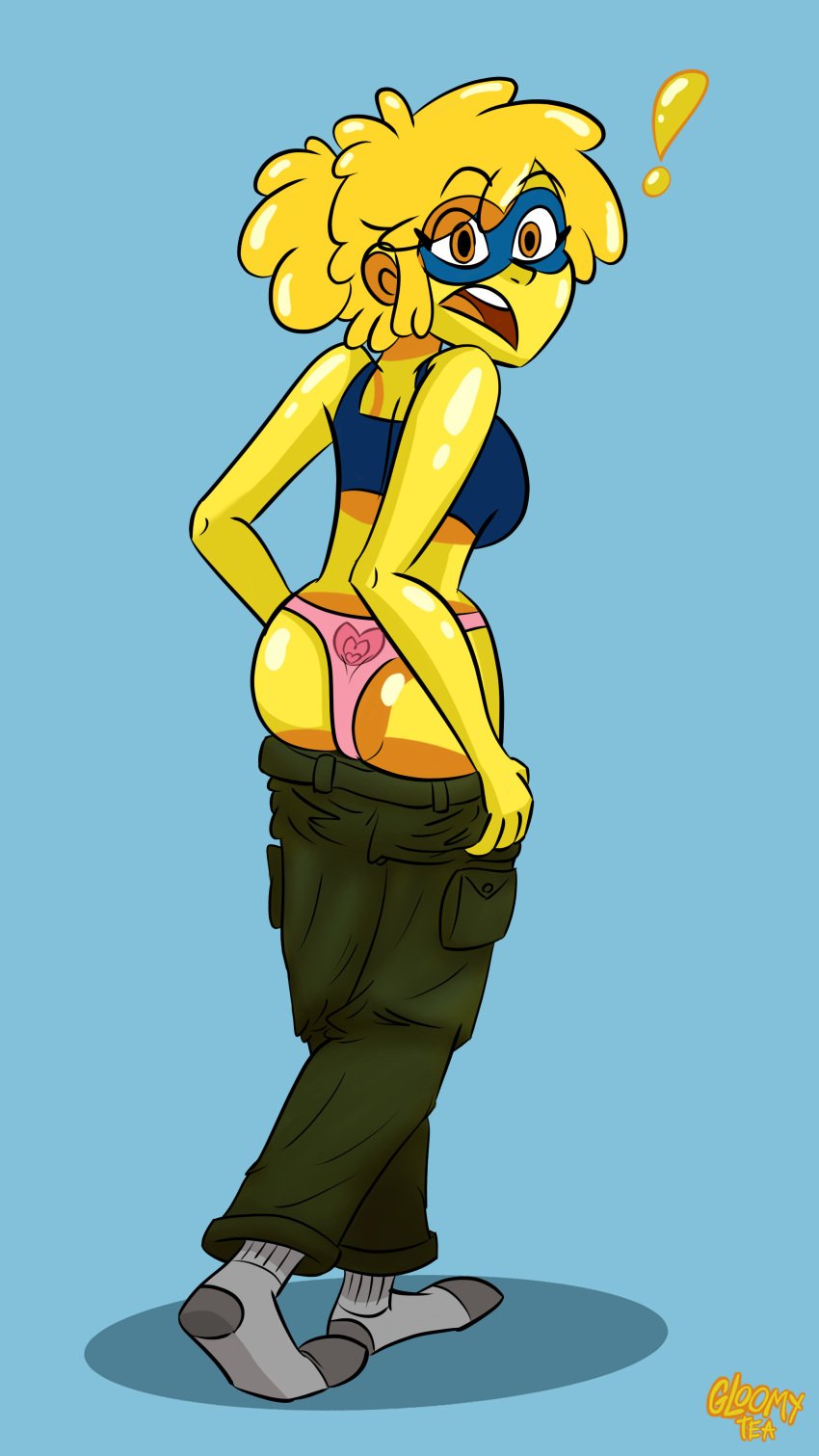 ! ass blue_background breasts cartoon_network clothing female_only g-lo_(villainous) gloomytea mask mouth_open pants_down sideboob simple_background slime_girl superheroine surprised tank_top transparent_body underwear undressing villainous watermark yellow_eyes yellow_hair yellow_skin