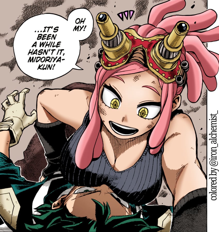 1boy artist_name bare_shoulders big_breasts breast_smother breasts canonical_scene cleavage colorized determined dreadlocks english_text face_to_breasts fallen_down female gloves goggles green_eyes green_hair hatsume_mei hi_res highres horikoshi_kouhei iron_alchemist izuku_midoriya kohei_horikoshi large_breasts long_hair looking_at_another looking_down lying manga mei_hatsume midoriya_izuku my_hero_academia official_art on_back open_mouth pink_hair serious sleeveless smile smoke speech_bubble symbol-shaped_pupils tank_top third-party_edit tied_hair unusual_pupils yellow_eyes