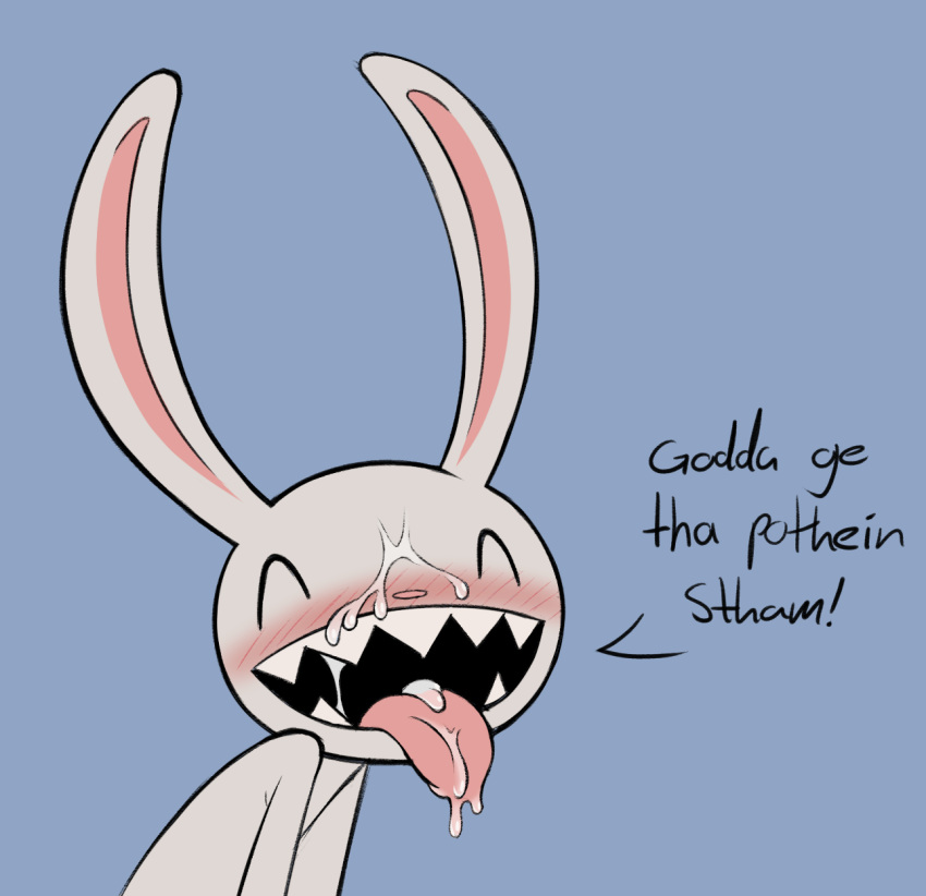 anthro blush bodily_fluids closed_eyes cum cum_in_mouth cum_inside cum_on_face genital_fluids hi_res lagomorph leporid male mammal max_(sam_and_max) open_mouth outtabellets rabbit sam_and_max sharp_teeth smile solo teeth tongue tongue_out