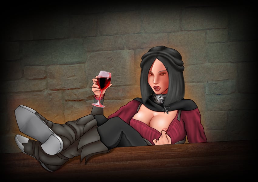 big_breasts black_hair boob_window boots braided_hair cleavage cleavage_cutout clothed glowing_eyes gorget holding_glass holding_object holding_wine_glass james_macgregor knee_boots licking_lips lipstick looking_at_viewer medium_hair nipple_peek nipple_slip nipples red_lipstick serana shiny_skin skyrim the_elder_scrolls vampire