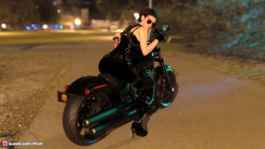 1girls 3d aviator_sunglasses cloted clothing depth_of_field fanart female female_only high_heels lara_croft lara_croft_(survivor) large_breasts looking_at_viewer looking_back motorcycle pplm slushe_(website) solo solo_female sunglasses tinted_eyewear tomb_raider