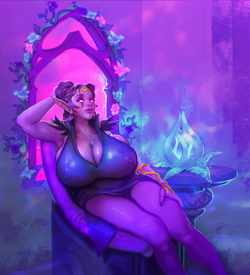 big_breasts blizzard_entertainment cleavage crona elf huge_breasts jewelry lips loralia lounge_chair lounging milf night_elf purple_hair short_skirt thick_thighs thighs warcraft world_of_warcraft