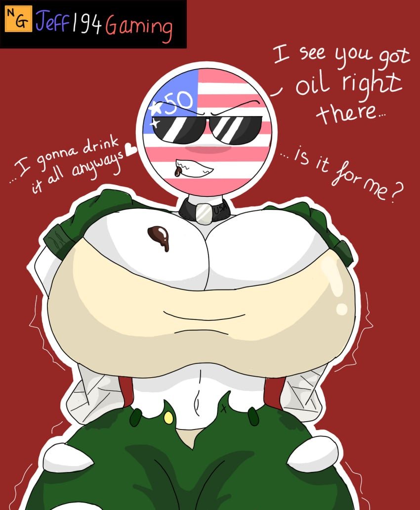 artist_name artist_signature big_breasts breasts_bigger_than_head choker clothed collar confident countryhumans countryhumans_girl english_text female female_only jeff194 oil sunglasses unbuttoned_pants united_states_of_america_(countryhumans) watermark white_body white_skin