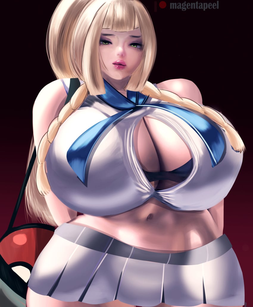 1girls alternate_breast_size big_breasts breasts cleavage female female_only green_eyes huge_breasts human human_only large_breasts lillie_(pokemon) magentapeel milf nintendo nintendo_3ds pokemon pokemon_sm wide_hips