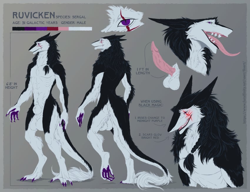 absurd_res aggressive anthro balls big_(disambiguation) braided_hair claws dark expressions flirting floart fur furry_tail genitals glowing glowing_eyes hair hi_res magic magic_user male mammal model_sheet muscular penis ruvicken_sudvaka sack scar sergal shadow solo tall teeth_showing tongue tongue_out