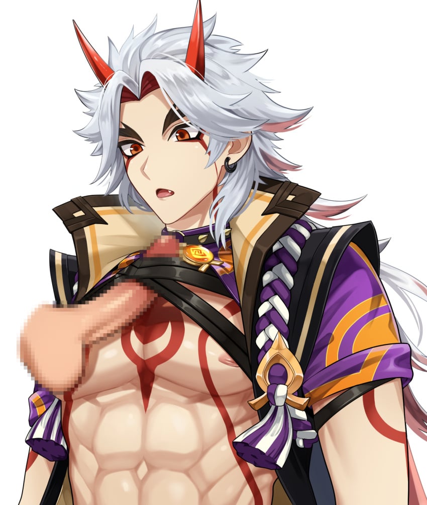 2boys abs arataki_itto blur_censor bodypaint censored choker disembodied_penis ear_piercing erection facepaint genshin_impact highres horns japanese_clothes long_hair male_focus male_only multicolored_hair multiple_boys muscular muscular_male nipples oerba_yun_fang parted_lips pectorals penis piercing pinchi red_eyes red_hair simple_background solo_focus spiked_choker spikes tassel thick_eyebrows white_background white_hair yaoi