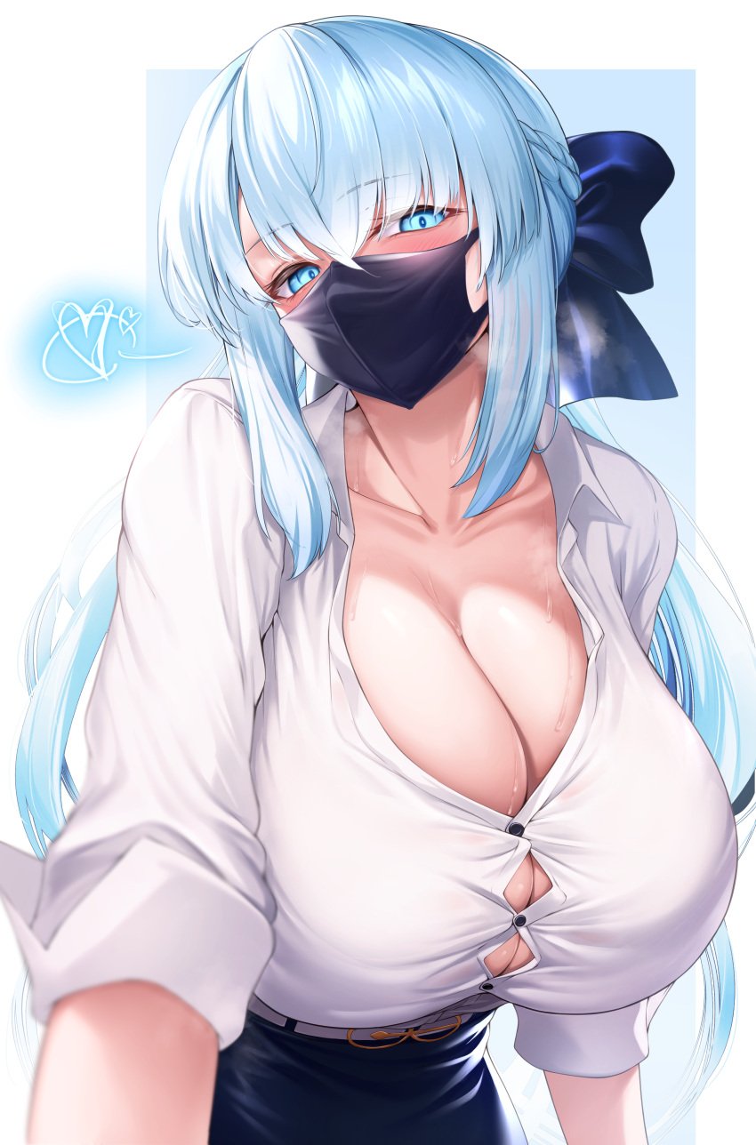 1girls 2021 alternate_breast_size barely_contained black_mask blue_eyes blush blushing_profusely bow bow_in_hair breasts cleavage clothed clothed_female facemask fate/grand_order fate_(series) female female_only hi_res hirasawa_seiji horny horny_female huge_breasts long_hair low_neckline mask massive_breasts morgan_le_fay_(fate) office_lady ponytail simple_background skirt smile spoken_heart straining_buttons straining_clothing sweat sweaty_body tight_clothing tight_fit tight_skirt very_high_resolution visible_breath white_hair white_shirt