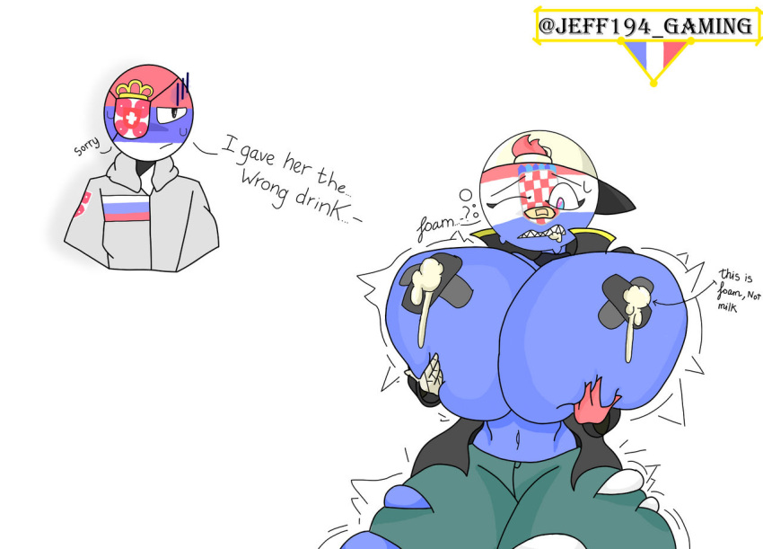 alternate_breast_size big_breasts blue_eyes blush breasts confused confusion countryhumans countryhumans_girl croatia_(countryhumans) expansion female foam hat huge_breasts jeff194 lactating lactation nervous outgrowing_clothes red_eyes red_hair serbia_(countryhumans) sweat sweating tape taped_nipples thick_thighs