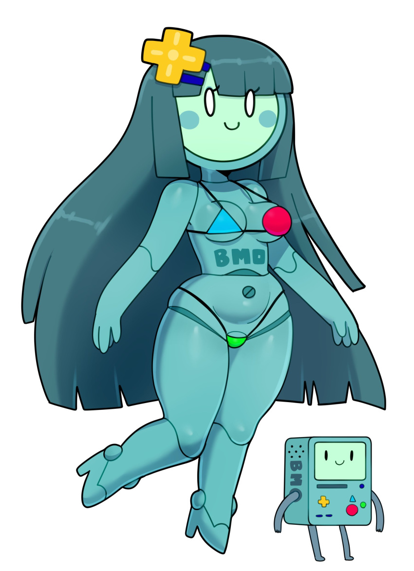 1girls 2021 adventure_time bikini bikini_bottom bikini_top bmo cartoon_network cleavage computer football_(adventure_time) gynoid high_heels long_hair mob_face robot robot_girl smile somescrub thick_thighs