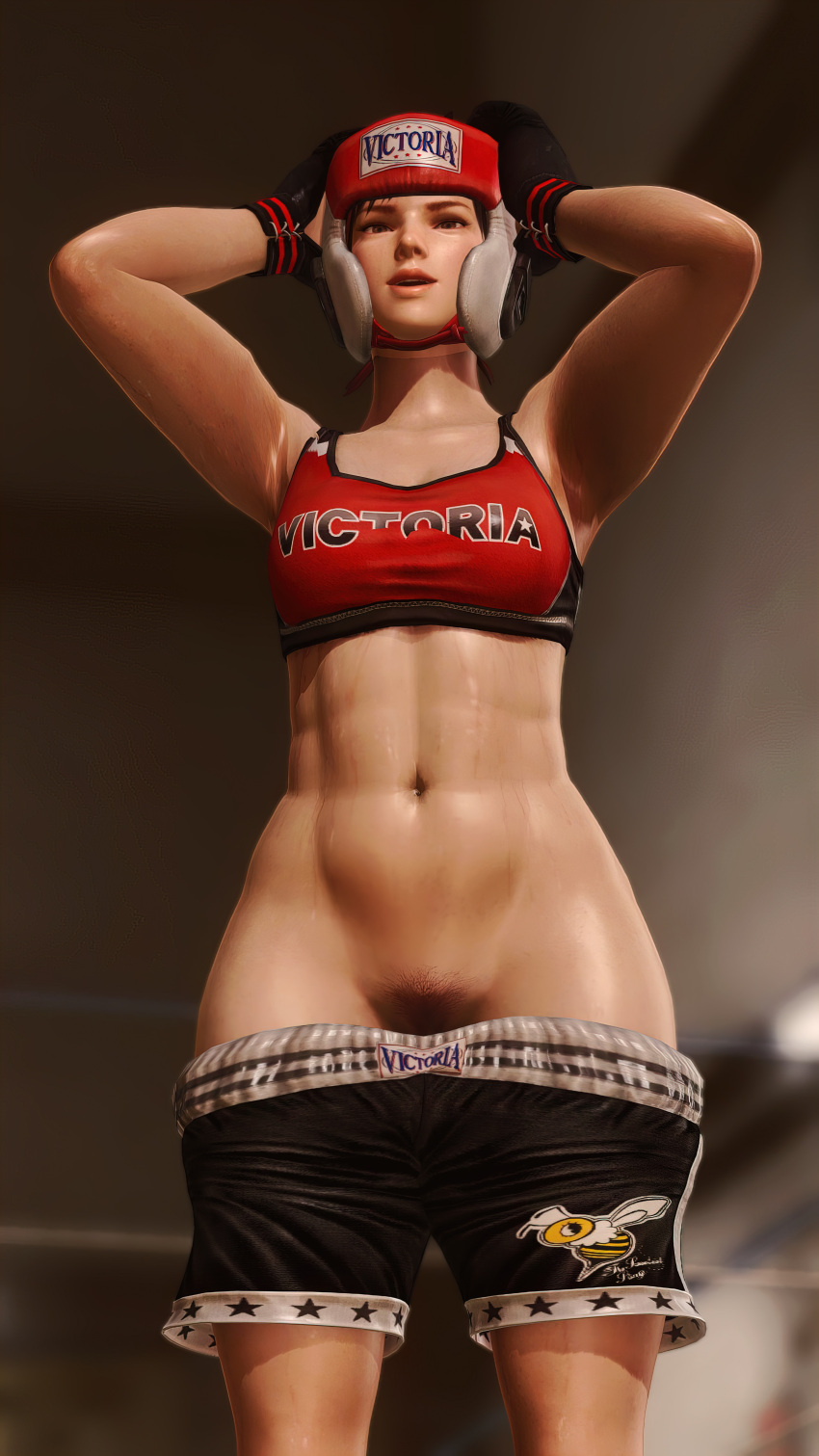 3d abs armpit arms_up athletic athletic_female bare_midriff bare_shoulders breasts busty dead_or_alive female female_focus female_only fighting_ring hands_behind_head hourglass_figure medium_breasts mila_(doa) muscle_tone navel pubes pubic_hair pubic_hair_peek red_hair repinscourge short_hair shorts_down solo sports_bra sportswear standing sweat tecmo tomboy toned toned_female wide_hips