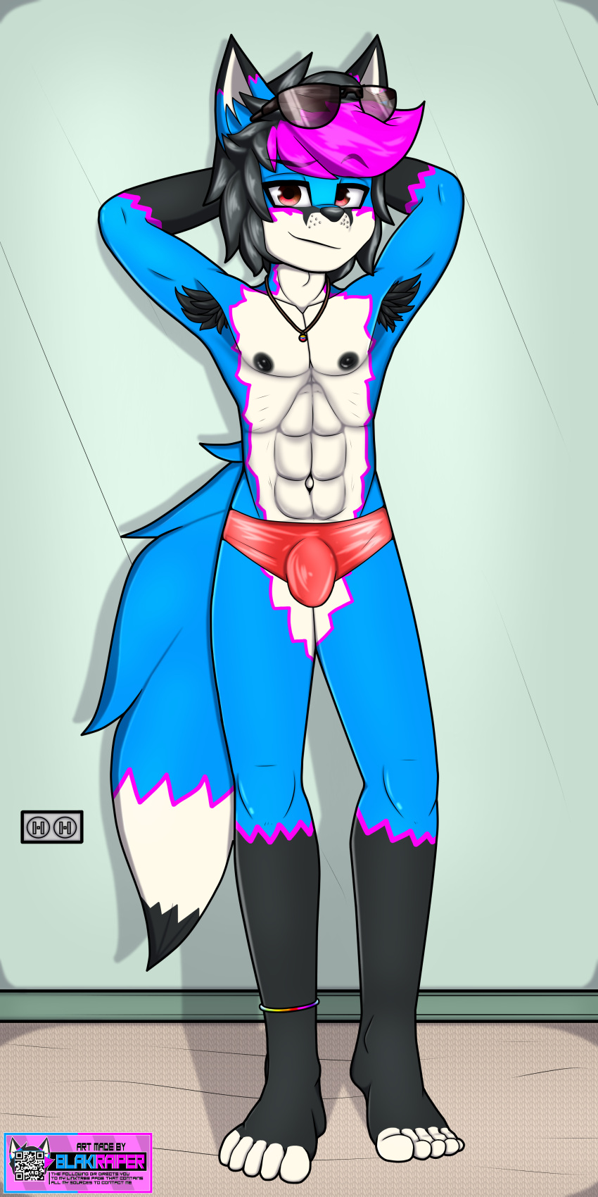 1boy 5_toes absurd_res anthro armpit_hairblack_nipples barefoot black_body black_fur black_hair blaki_daniel_raiper_virod_(blaki_raiper) blaki_raiper blue_body blue_fur bracelet brown_eyes bulge canid canine clothed clothing collar detailed digital_media_(artwork) english_text eyebrow_through_hair eyebrows eyewear eyewear_on_head feet fox fur hair hand_behind_head hi_res inside jewelry legband looking_at_viewer male male_only mammal navel partially_clothed pink_body pink_fur pink_hair pose pubes qr_code raised_eyebrow red_speedo slim smile smirk solo solo_focus speedo speedo_only sunglasses sunglasses_on_head swimwear text toes toned_body translucent translucent_hair venezuela white_body white_fur young