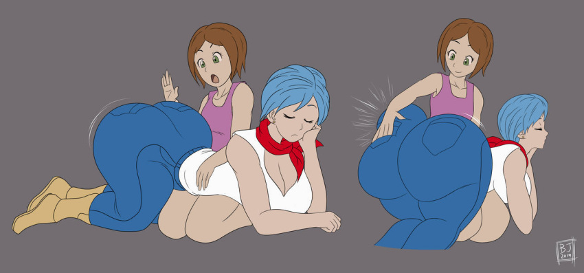 2girls blue_hair blue_jeans bootijuse bouncing_ass bulma_briefs closed_eyes dragon_ball green_eyes hands_on_back hands_on_face having_fun huge_ass jiggling_ass large_ass litte_girl moaning multiple_girls over_the_knee_spanking pink_shirt red_scarf shounen_jump smile spanking white_shirt yuri