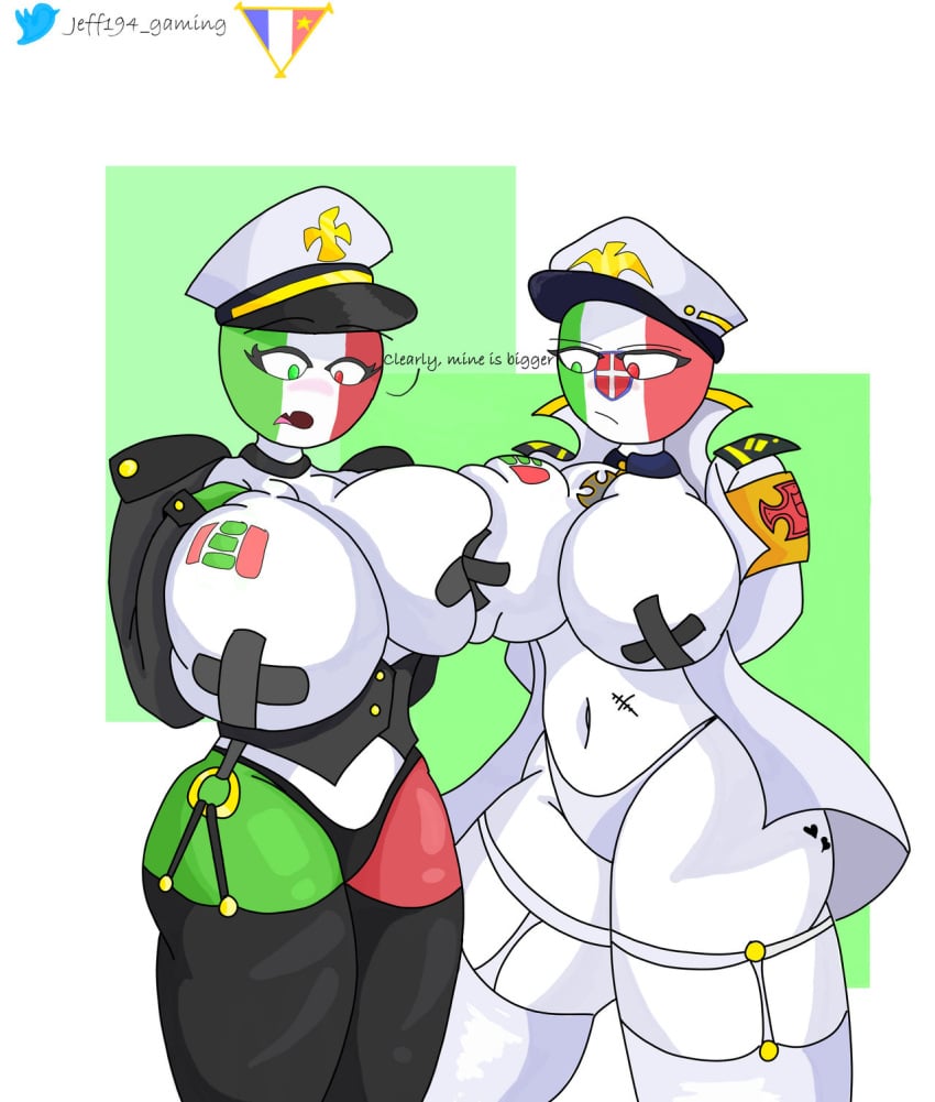 2girls armband artist_name artist_signature big_breasts breast_frottage breast_to_breast choker clothed collar comparing corset countryhumans countryhumans_girl english_text fascist_italy_(countryhumans) female female_only heterochromia italy_(countryhumans) jeff194 lingerie military military_cap military_hat military_uniform multicolored_body tape taped_nipples tattoo thick_thighs watermark white_skin