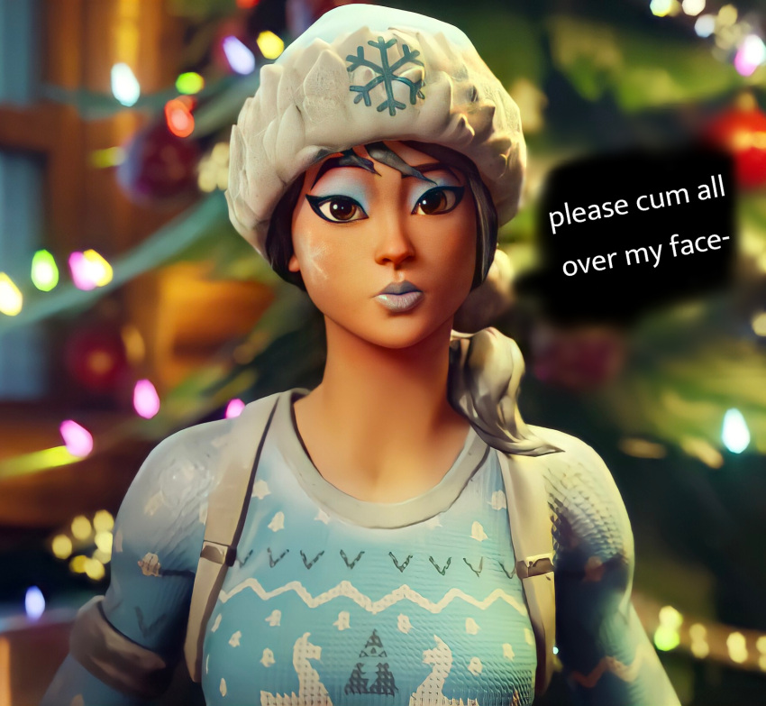 christmas christmas_tree clothed clothed_female clothing cute dirty_talk edit face fortnite frozen_nog_ops game_screenshot hat looking_at_viewer nog_ops_(fortnite) screenshot screenshot_edit talking talking_to_viewer text wants_facial