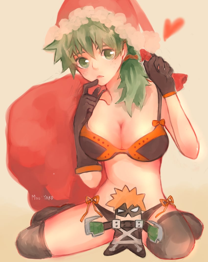 1girls big_breasts bikini bra breasts christmas christmas_clothing christmas_hat christmas_headwear cleavage female female_deku female_only genderswap_(mtf) gloves green_eyes green_hair izuku_midoriya katsuki_bakugou katsuki_bakugou_(cosplay) large_breasts my_hero_academia revealing_clothes rule_63 santa_hat solo solo_female spiky_hair stockings