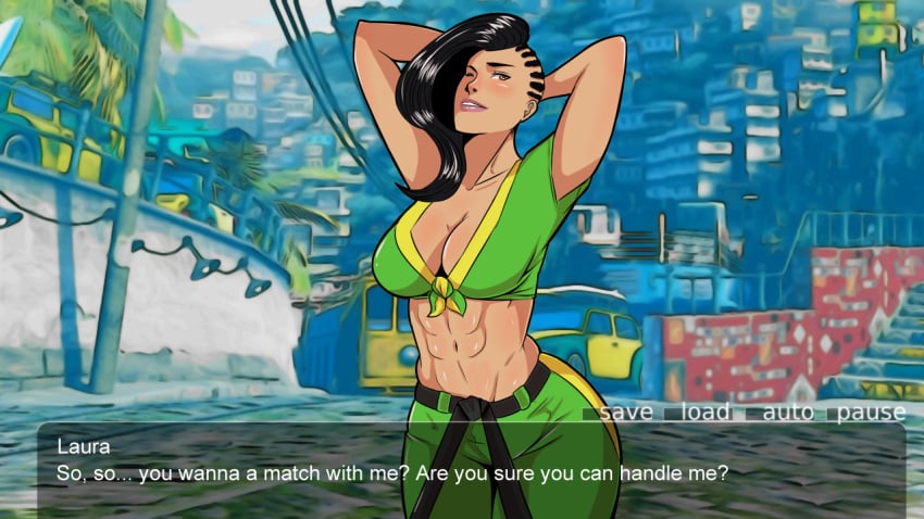 1girls abs arms_up asymmetrical_hair belt black_hair blush brazilian brazilian_female breasts brown_eyes capcom character_name cleavage clothed collarbone cornrows cowboy_shot crop_top curvy dark-skinned_female dark_skin dialogue english_text female female_only front-tie_top hands_behind_head highres human large_breasts laura_matsuda lipstick long_hair midriff navel one_eye_closed pink_lipstick pululon solo street_fighter street_fighter_v stretching text text_box toned toned_female