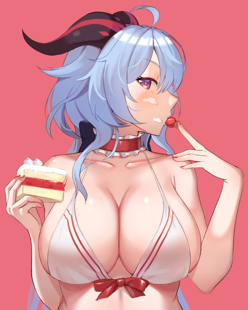 1girls abs absurd_res bare_shoulders big_breasts bikini bikini_top blue_hair blush bow breasts cake choker cleavage collar collarbone eating_food female food ganyu_(genshin_impact) genshin_impact hair_between_eyes hi_res highres horn horns huge_breasts kul_(ngsensei) large_breasts long_hair looking_at_viewer midriff pink_background plain_background purple_eyes shiny_skin shoulders simple_background solo strawberry waist white_bikini white_bikini_top