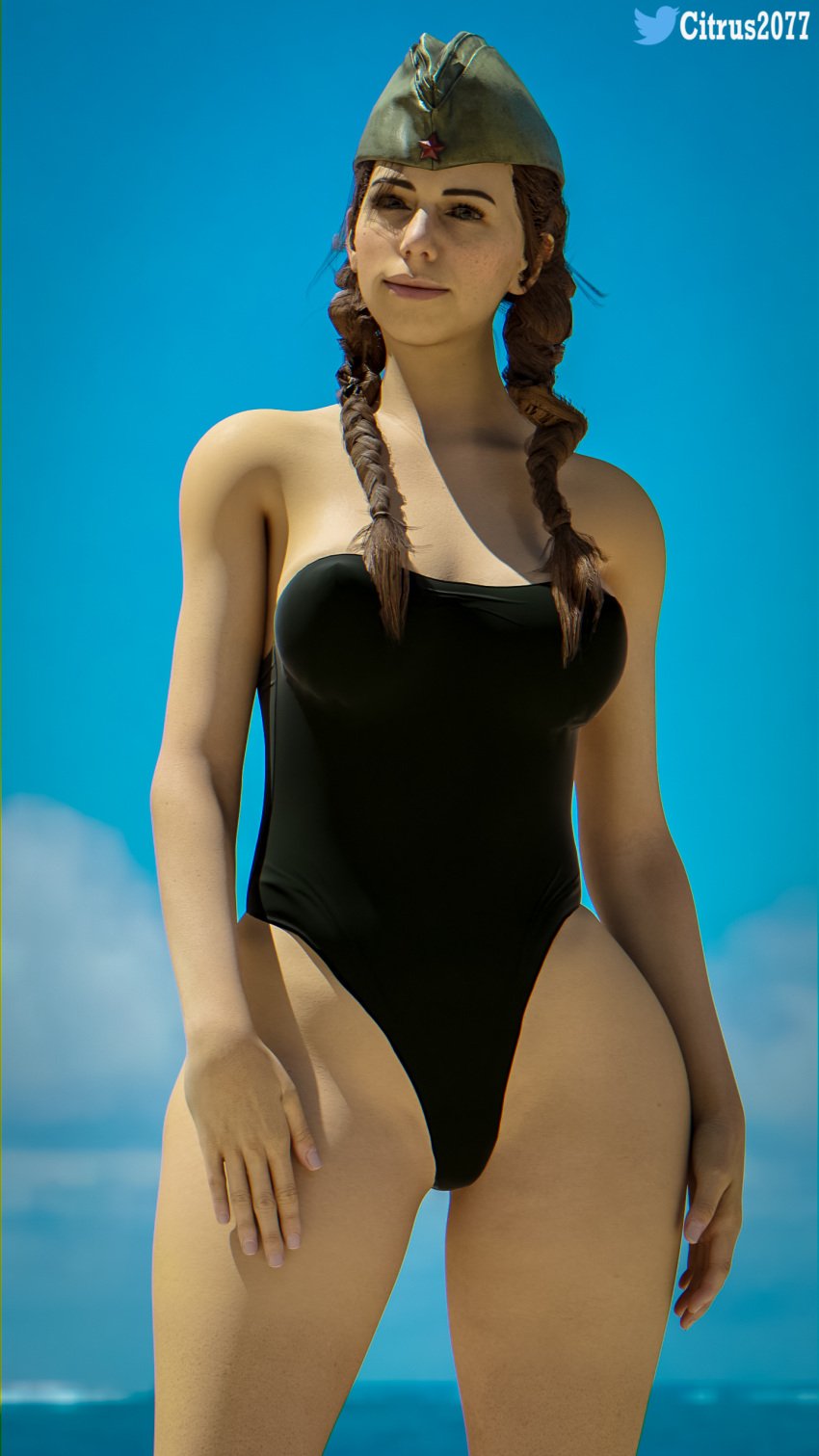 1girls 3d beach beach_background black_swimsuit blender blender_(software) call_of_duty call_of_duty_vanguard citrus2077 exposed_breasts female female_only fully_clothed one-piece_swimsuit polina_petrova smiling_at_viewer solo swimsuit