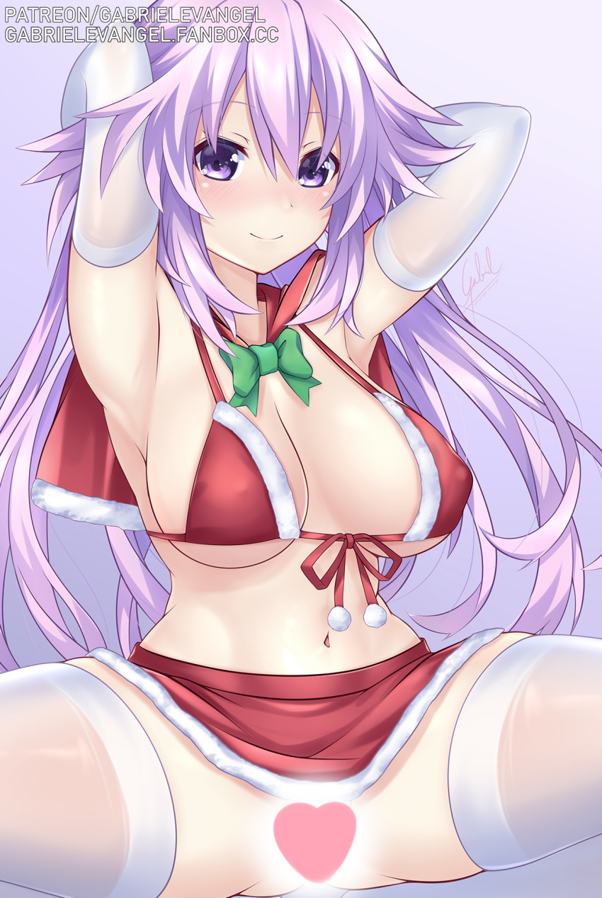 adult_neptune alternate_costume armpits arms_behind_head bikini blush breasts censored choujigen_game_neptune eyebrows_visible_through_hair fanbox_username gabriel_evangel gloves highres large_breasts long_hair microskirt navel neptunia_(series) patreon_username purple_eyes purple_hair reward_available santa_bikini santa_costume simple_background skindentation skirt smile spread_legs squatting swimsuit thighhighs white_legwear