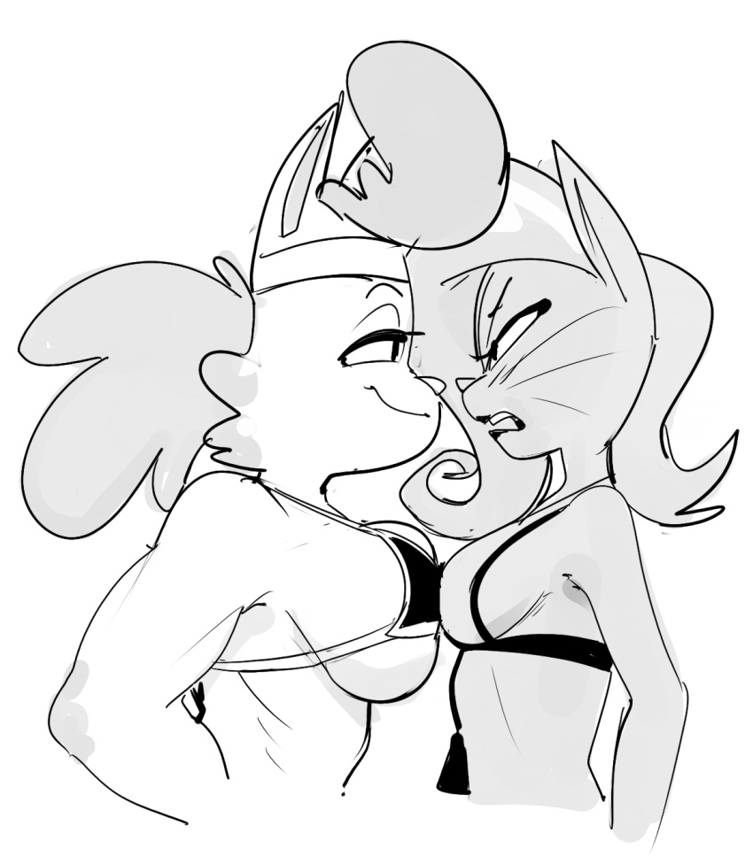 2021 accessory angry anthro big_breasts bra breast_size_difference breast_squish breasts breasts_frottage calika cartoon_network clothing dbaru domestic_cat duo felid feline felis female hair headband hi_res mammal mighty_magiswords monochrome morbidia smile squish underwear white_background